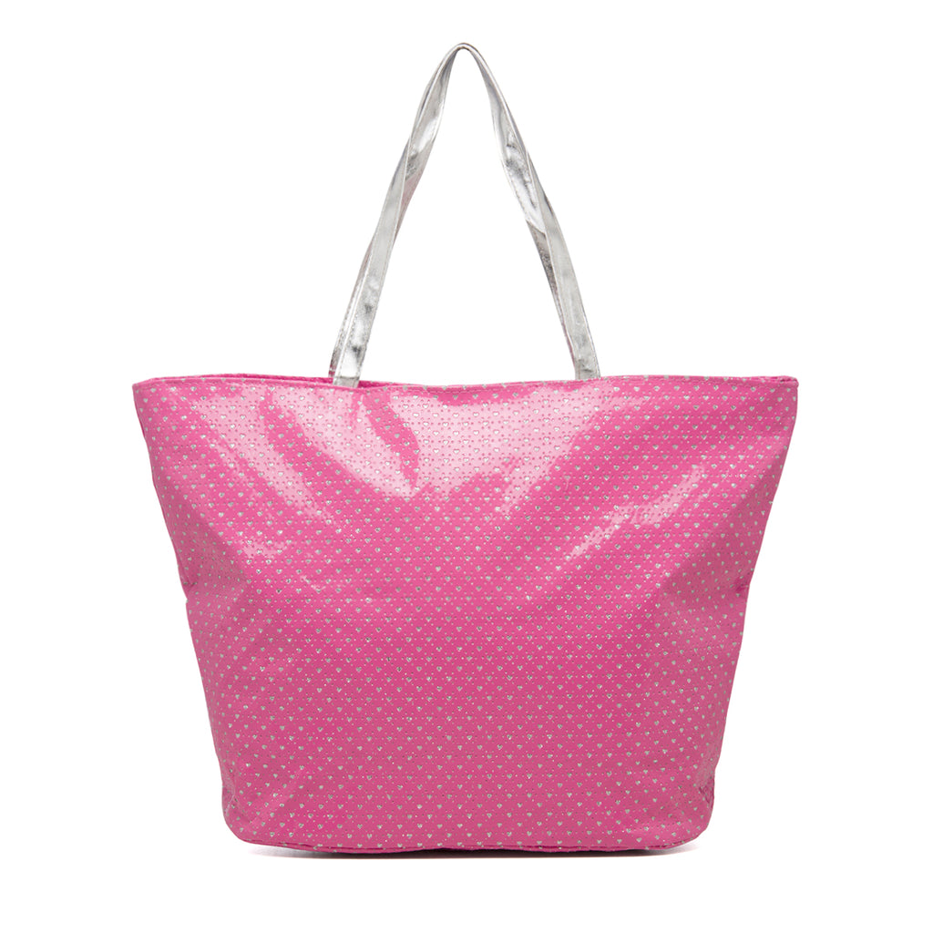 Borsa a spalla fucsia effetto vernice con cuoricini glitterati Lora Ferres
