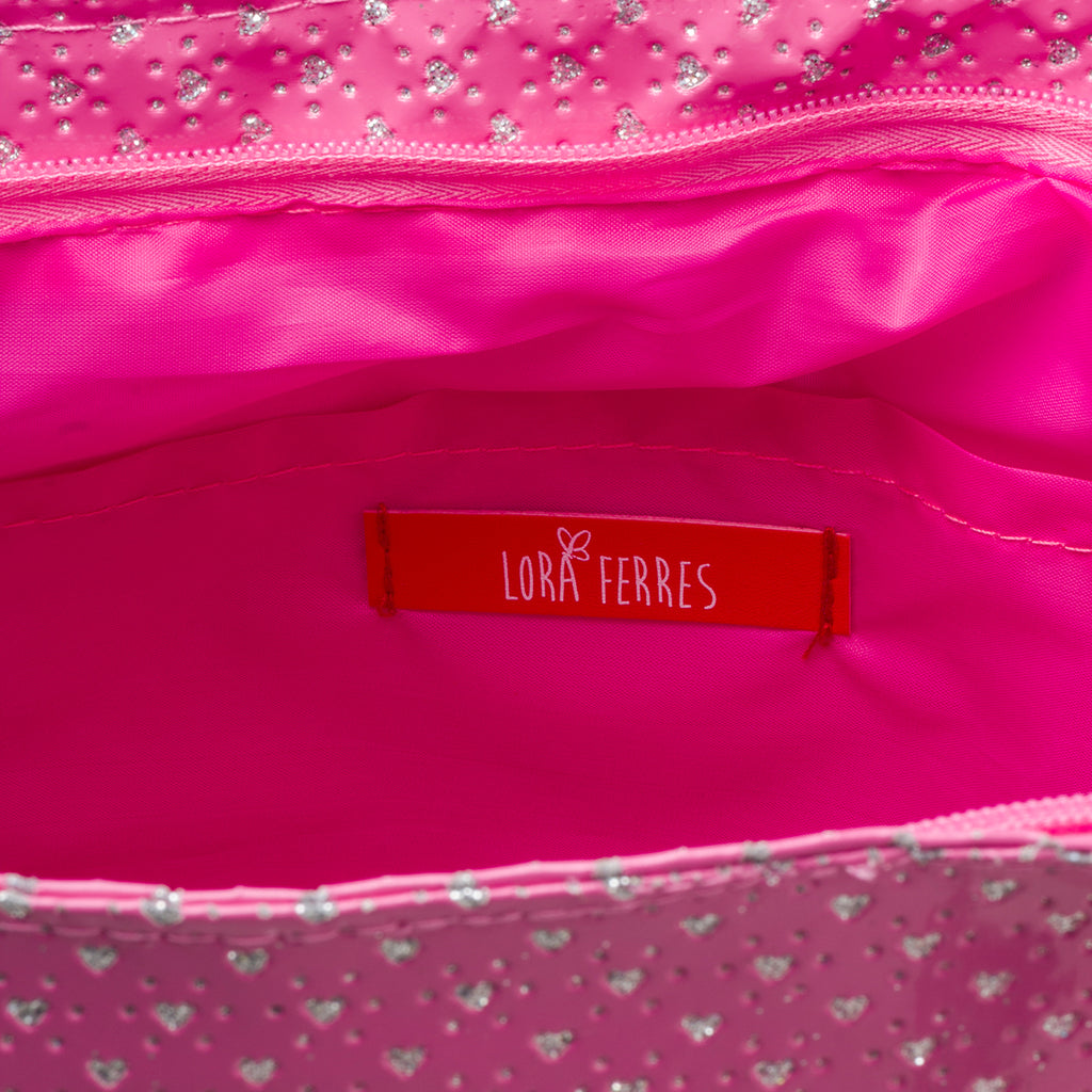 Borsa a spalla fucsia effetto vernice con cuoricini glitterati Lora Ferres