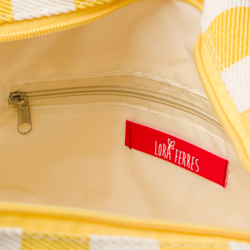 Borsa da mare in cotone a righe bianche e gialle Lora Ferres
