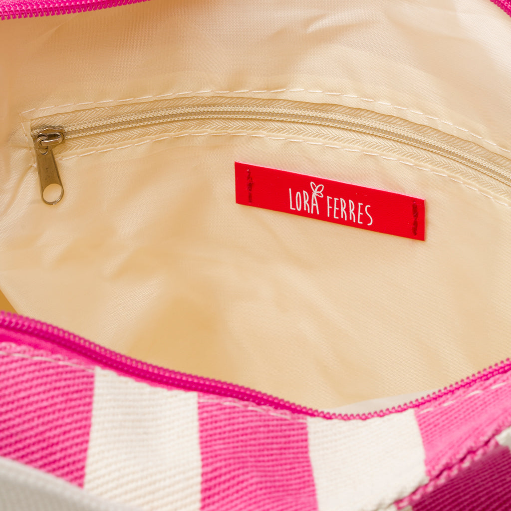 Borsa da mare in cotone a righe bianche e fucsia Lora Ferres
