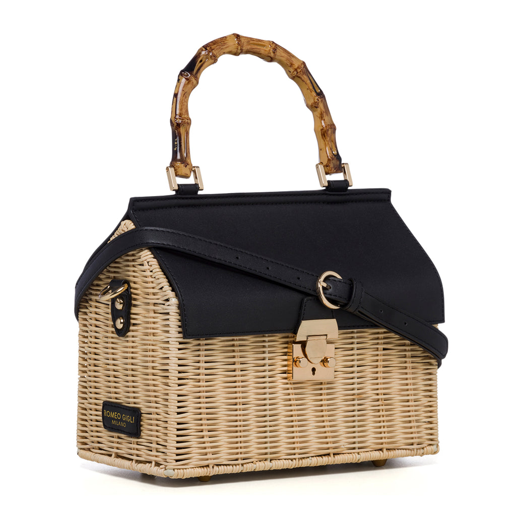 Borsa da mare nera e beige effetto paglia Romeo Gigli Areba