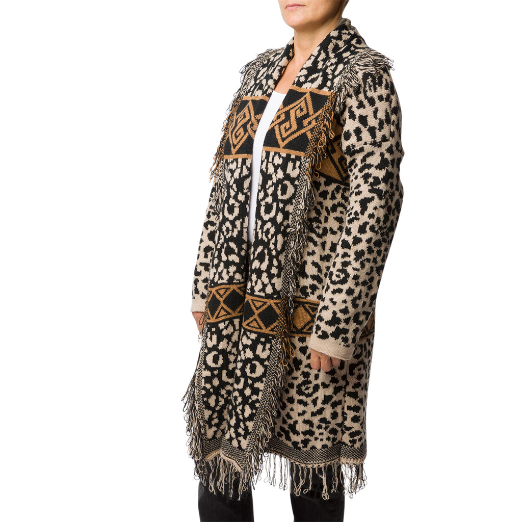 Cardigan lungo beige animalier da donna con frange Swish Jenans