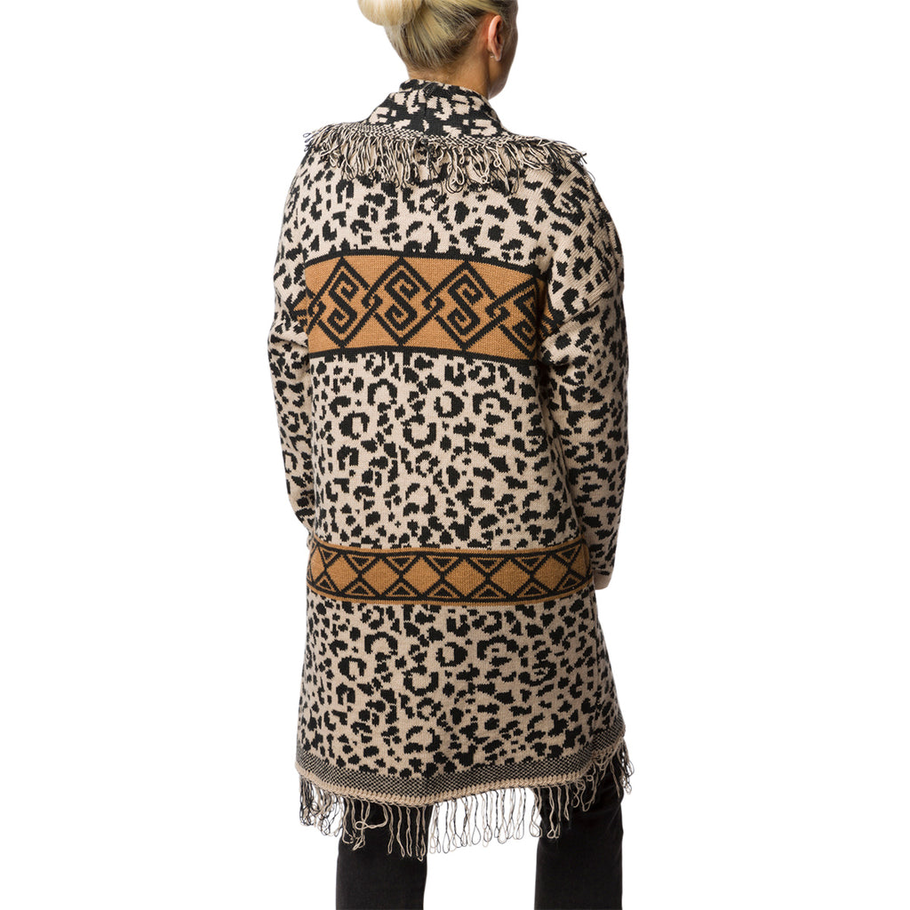 Cardigan lungo beige animalier da donna con frange Swish Jenans