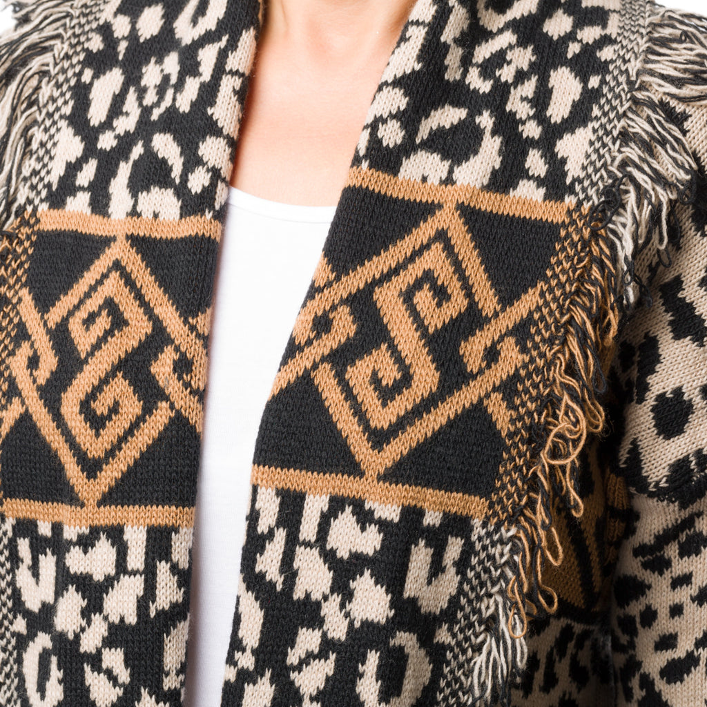 Cardigan lungo beige animalier da donna con frange Swish Jenans