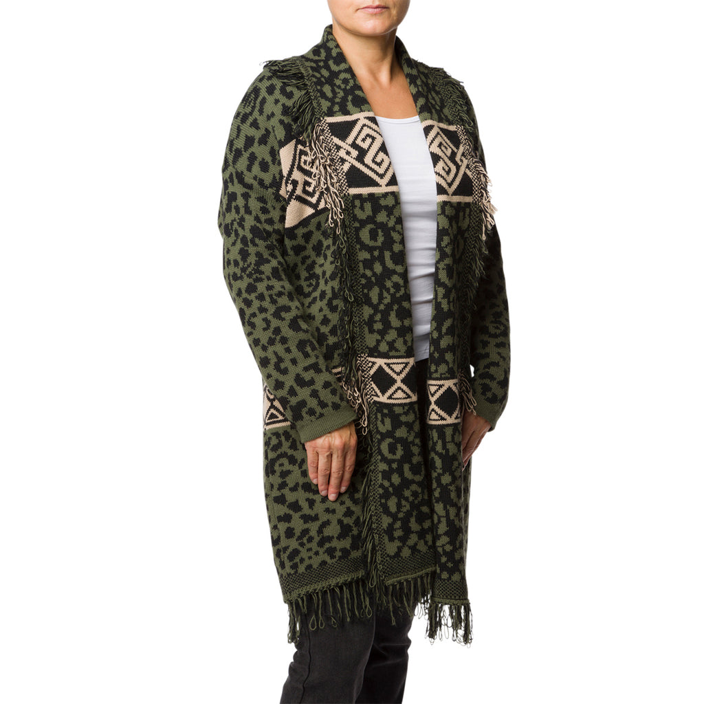 Cardigan lungo verde animalier da donna con frange Swish Jenans