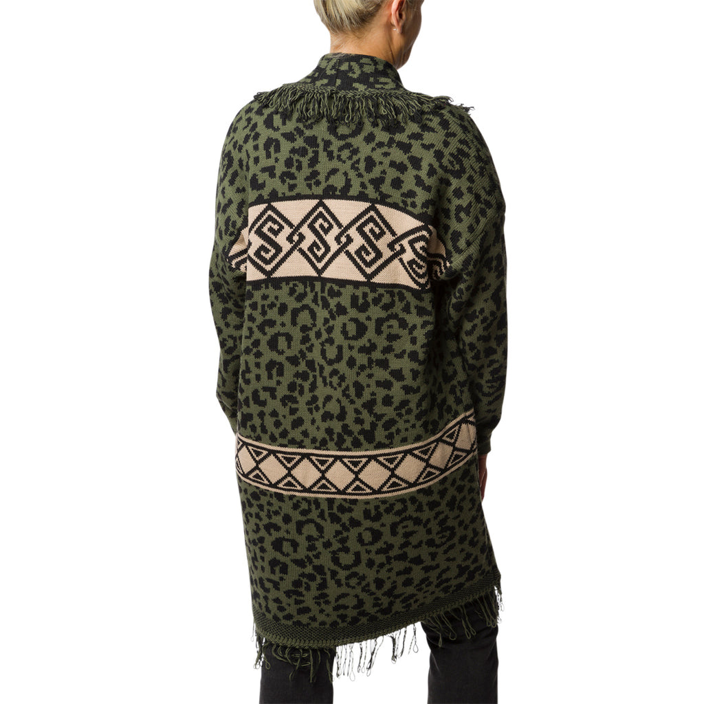 Cardigan lungo verde animalier da donna con frange Swish Jenans