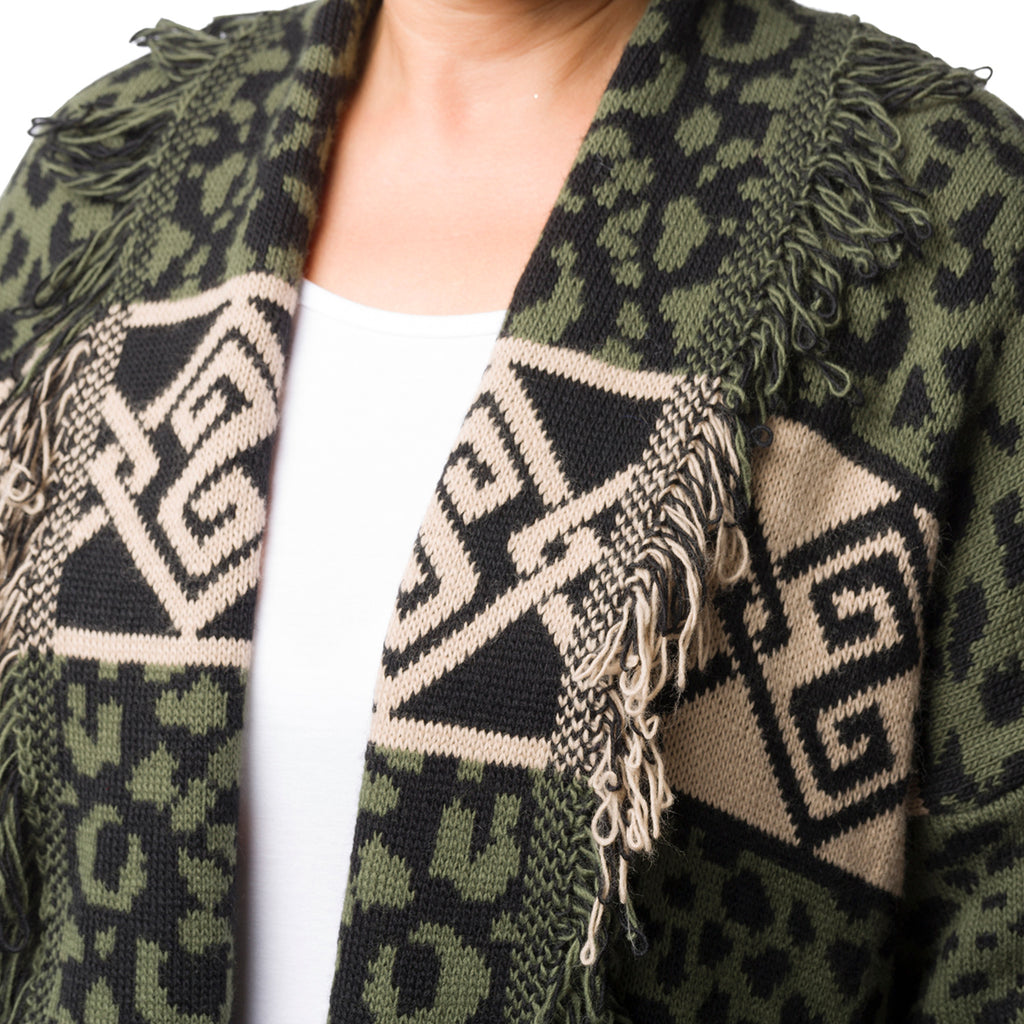 Cardigan lungo verde animalier da donna con frange Swish Jenans