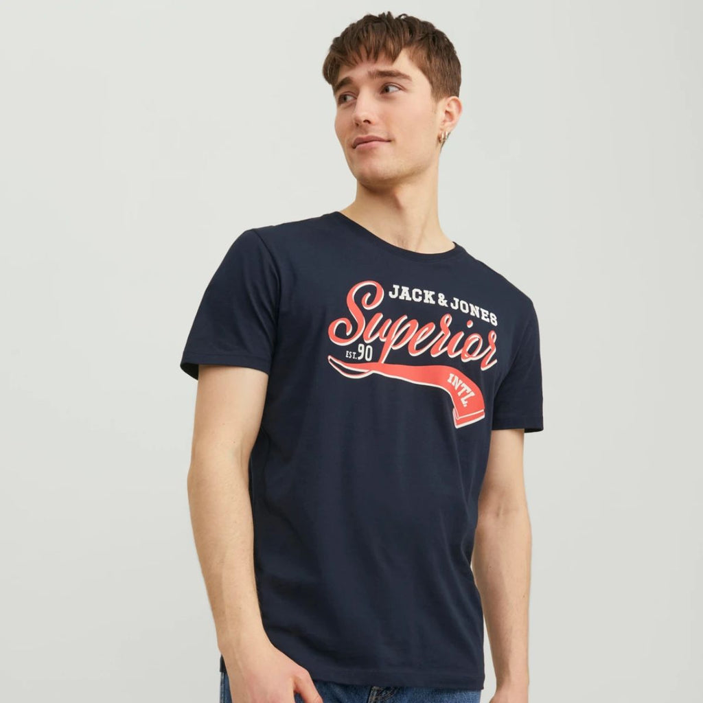 T-shirt blu con logo sul petto da uomo Jack & Jones