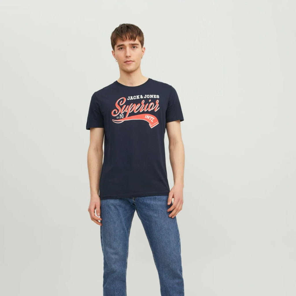 T-shirt blu con logo sul petto da uomo Jack & Jones