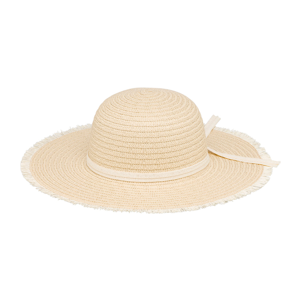 Cappello di paglia beige da donna a tesa larga con frangette Lora Ferres
