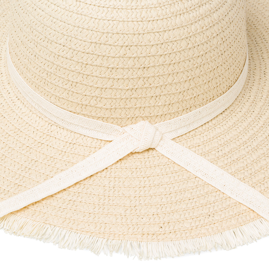 Cappello di paglia beige da donna a tesa larga con frangette Lora Ferres