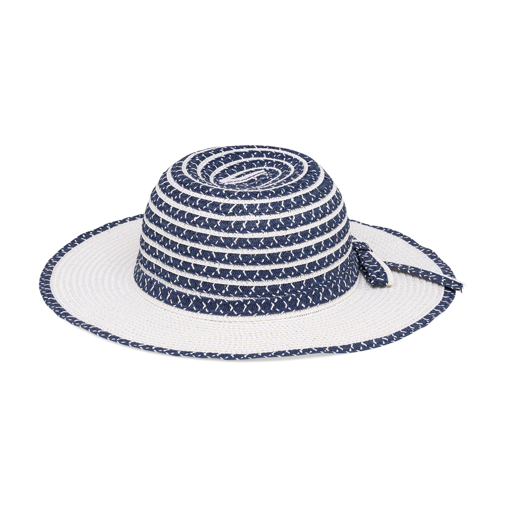 Cappello di paglia bianco da bambina a tesa larga con strisce blu decorative Settenote