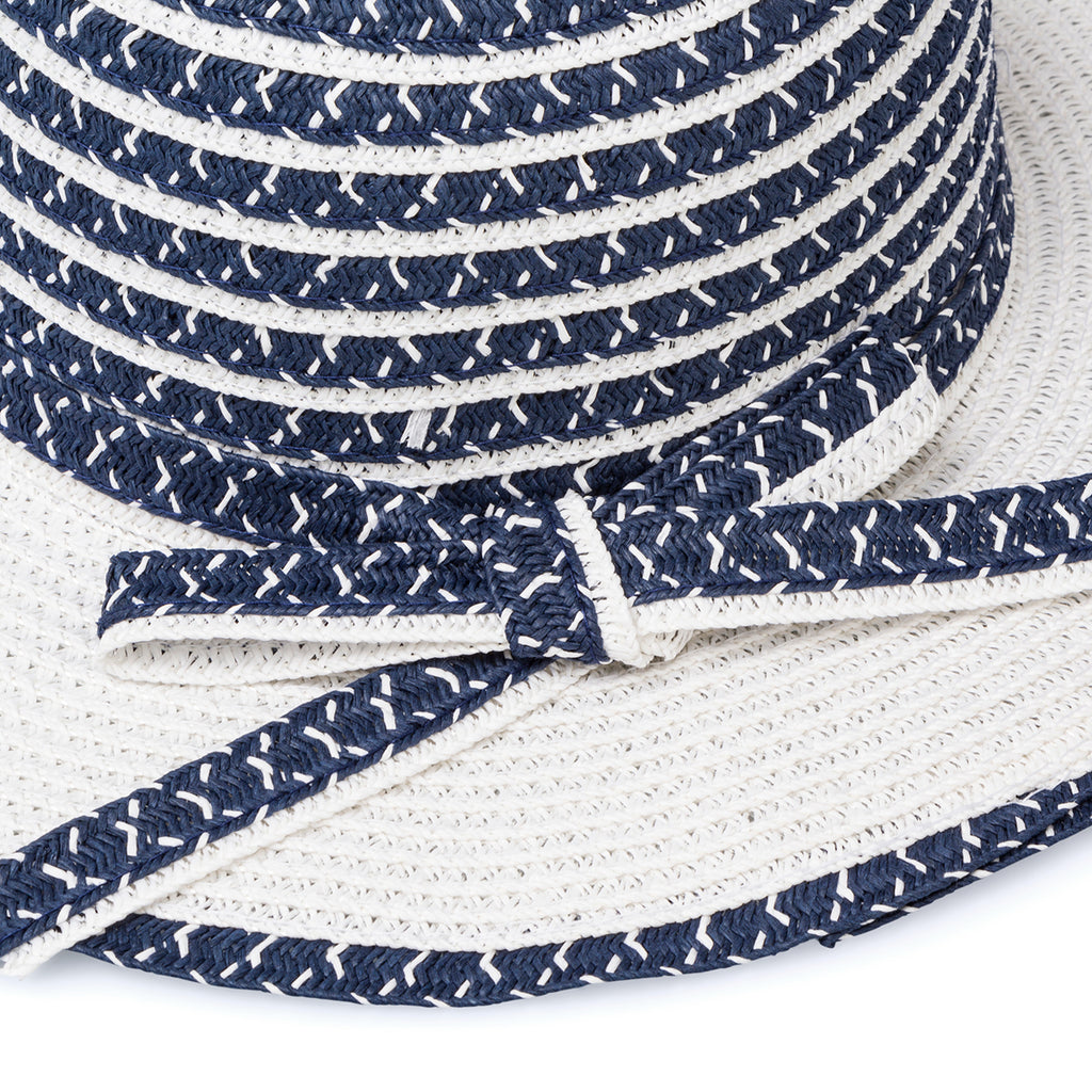 Cappello di paglia bianco da bambina a tesa larga con strisce blu decorative Settenote