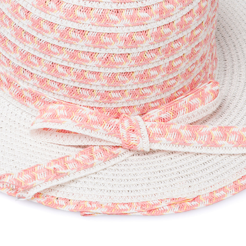 Cappello di paglia bianco da bambina a tesa larga con strisce rosa decorative Settenote