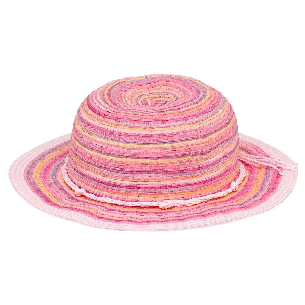 Cappello di paglia rosa a tesa larga da bambina con strisce multicolore Settenote