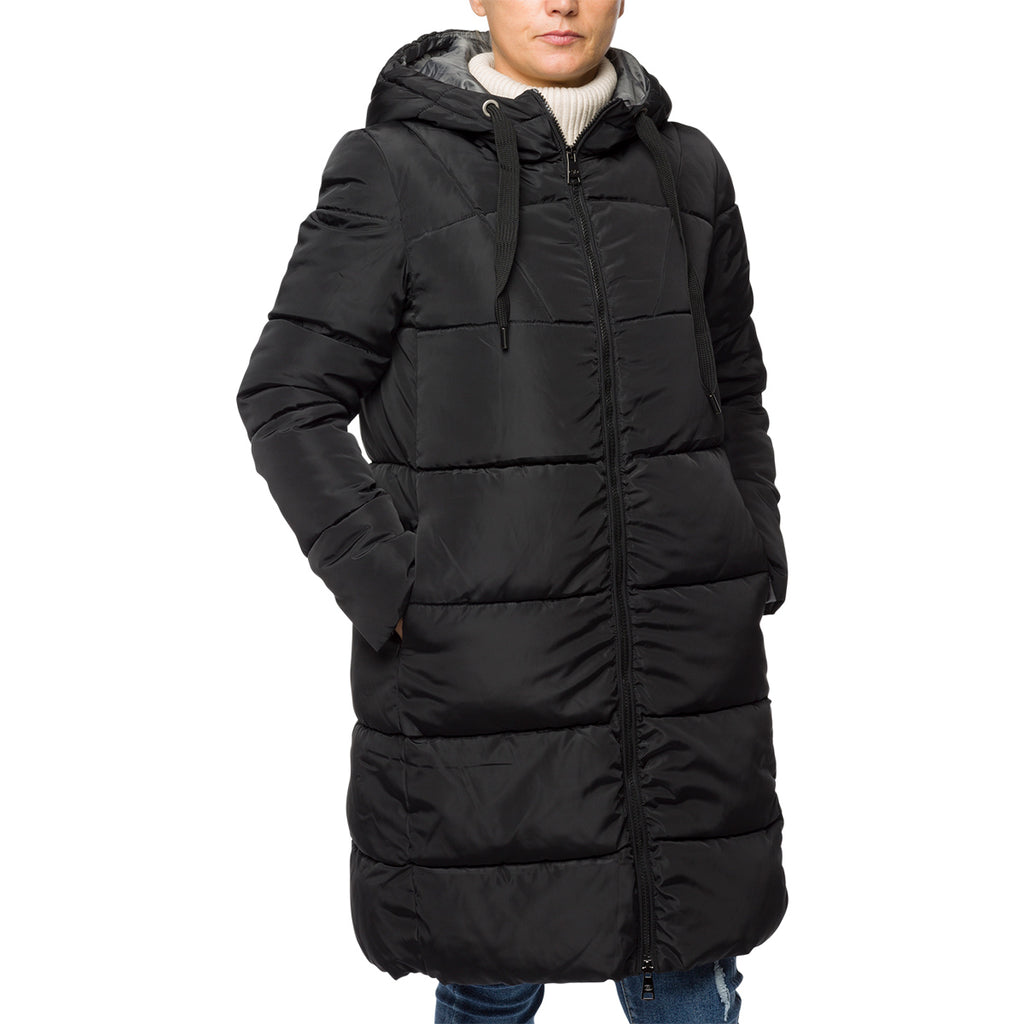 Piumino lungo nero da donna con cappuccio e zip Swish Jeans