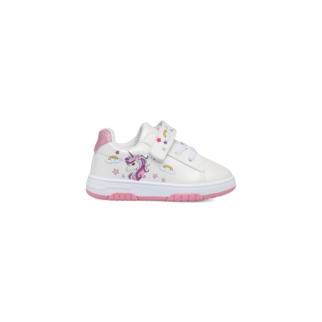 Sneakers primi passi bianche da bambina con glitter sul tallone e unicorno Le scarpe di Alice