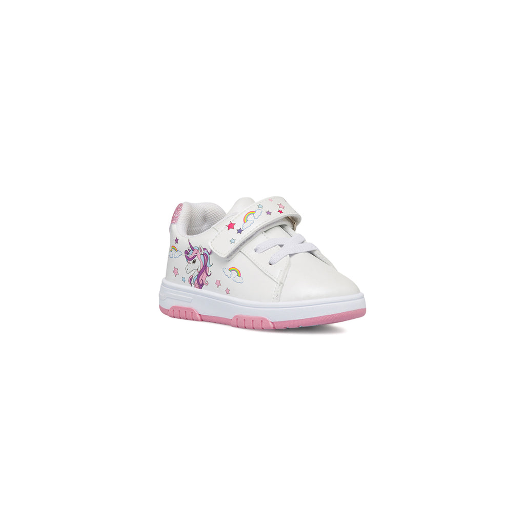 Sneakers primi passi bianche da bambina con glitter sul tallone e unicorno Le scarpe di Alice