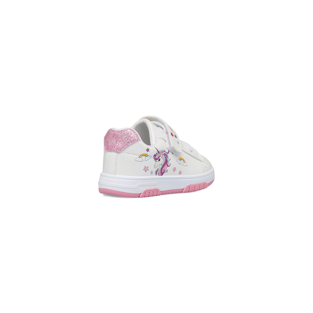 Sneakers primi passi bianche da bambina con glitter sul tallone e unicorno Le scarpe di Alice
