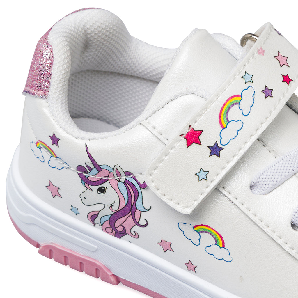Sneakers primi passi bianche da bambina con glitter sul tallone e unicorno Le scarpe di Alice