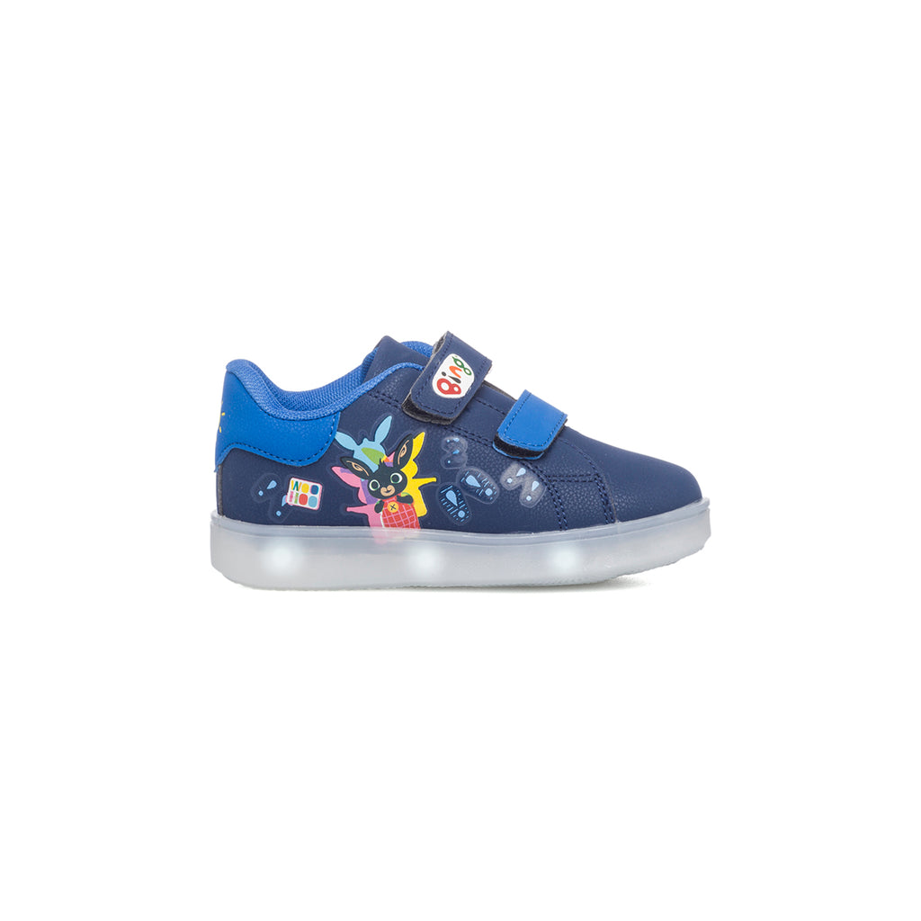 Sneakers blu con luci sulla suola e stampa Bing