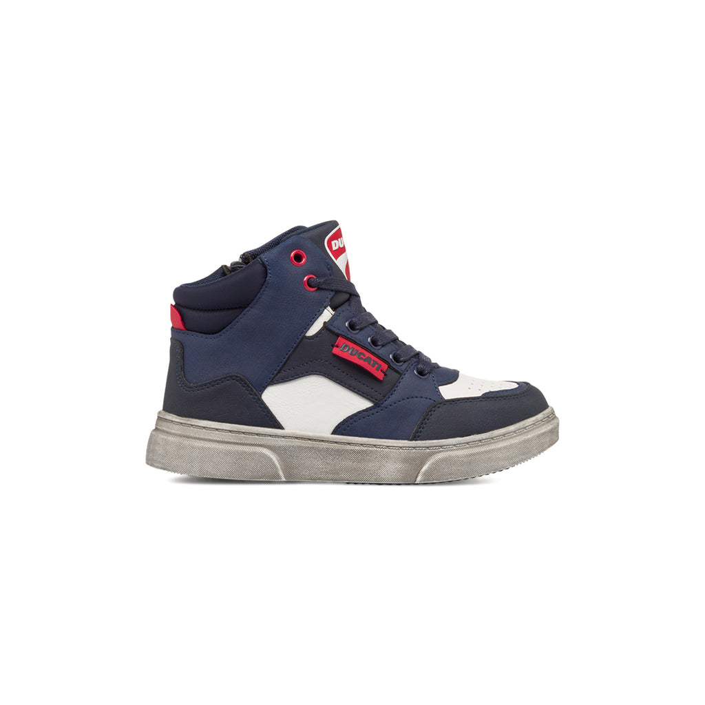 Sneakers alte blu e bianche da bambino con zip Ducati