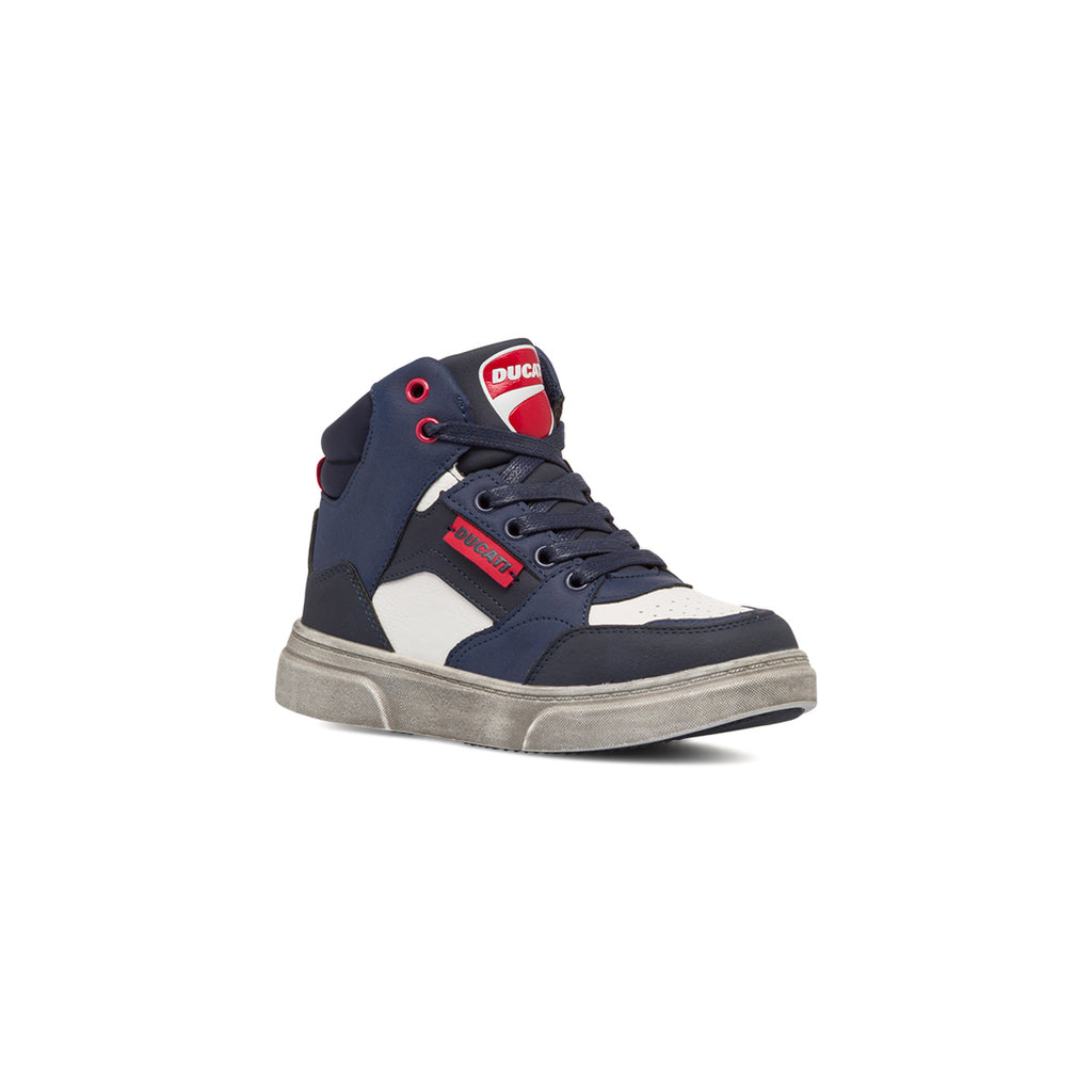 Sneakers alte blu e bianche da bambino con zip Ducati