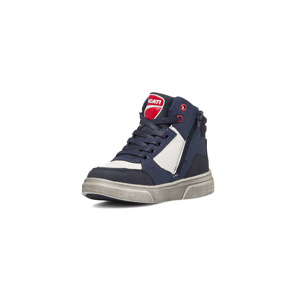 Sneakers alte blu e bianche da bambino con zip Ducati