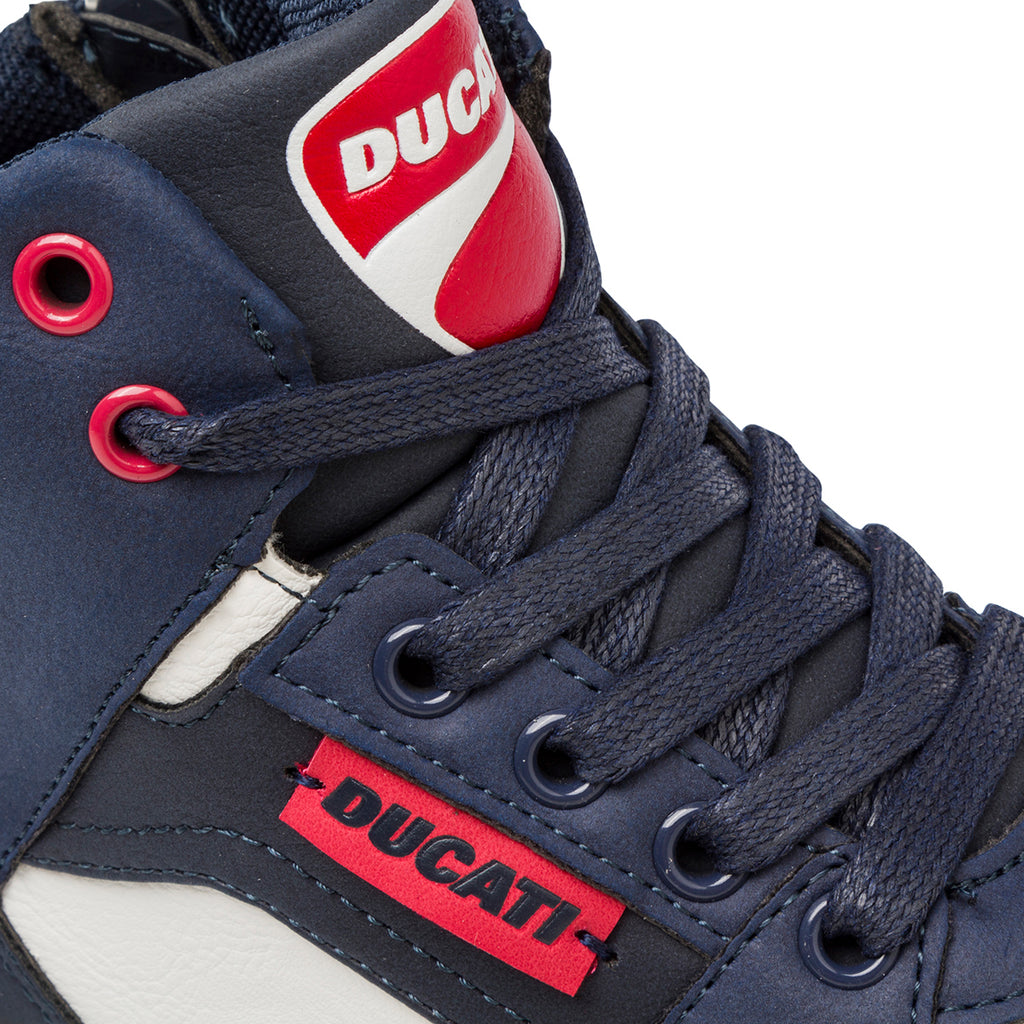 Sneakers alte blu e bianche da bambino con zip Ducati