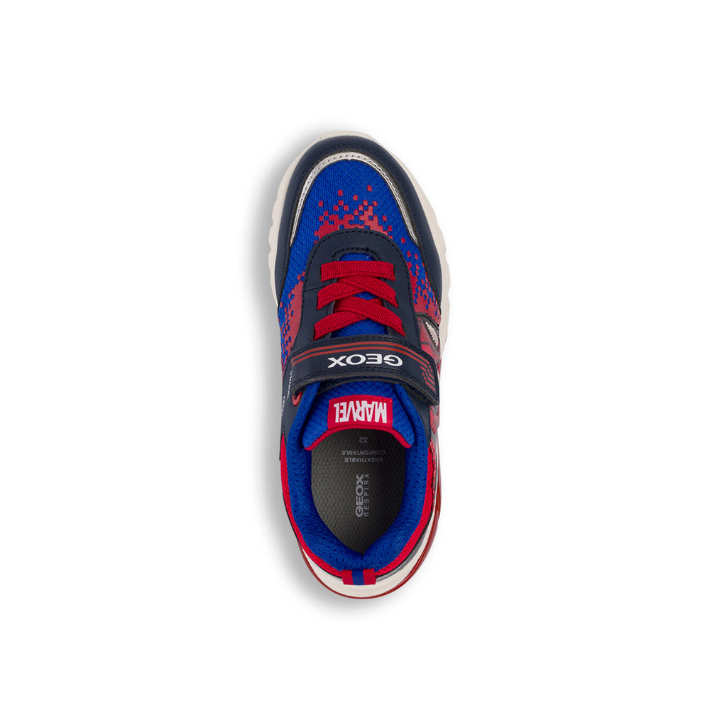 Sneakers traspiranti blu e rosse da ragazzo con stampa Spiderman e luci nella suola Geox Ciberdron