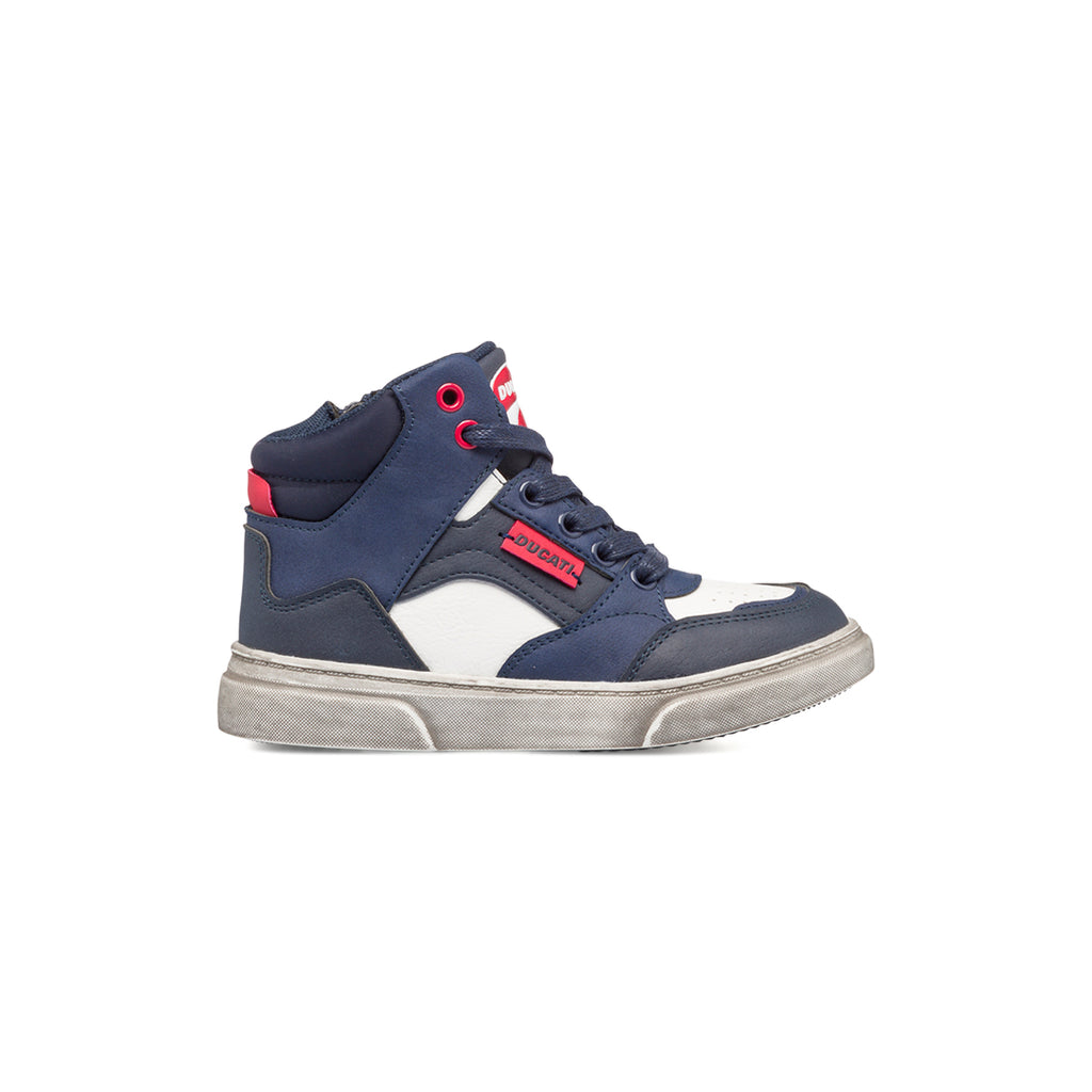 Sneakers alte blu e bianche da bambino con zip Ducati