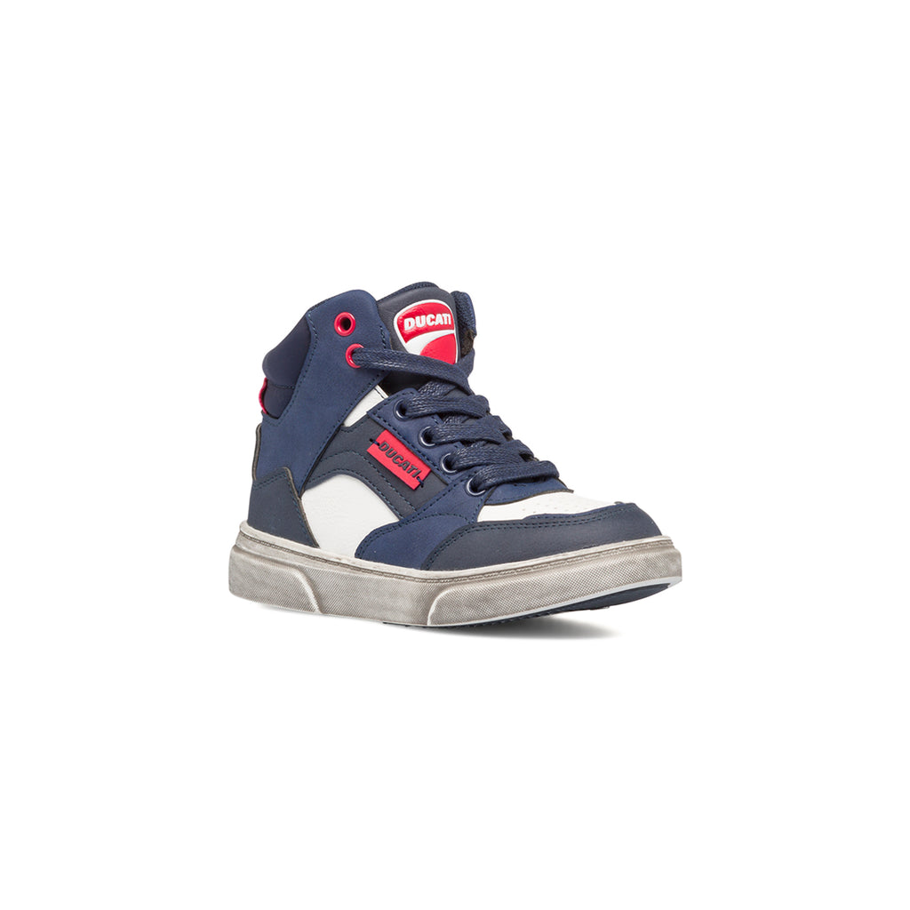 Sneakers alte blu e bianche da bambino con zip Ducati