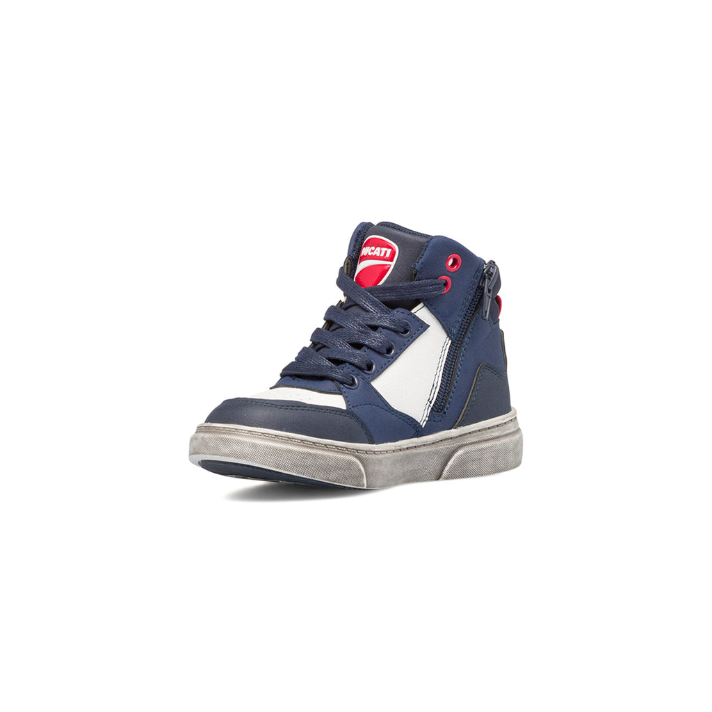 Sneakers alte blu e bianche da bambino con zip Ducati