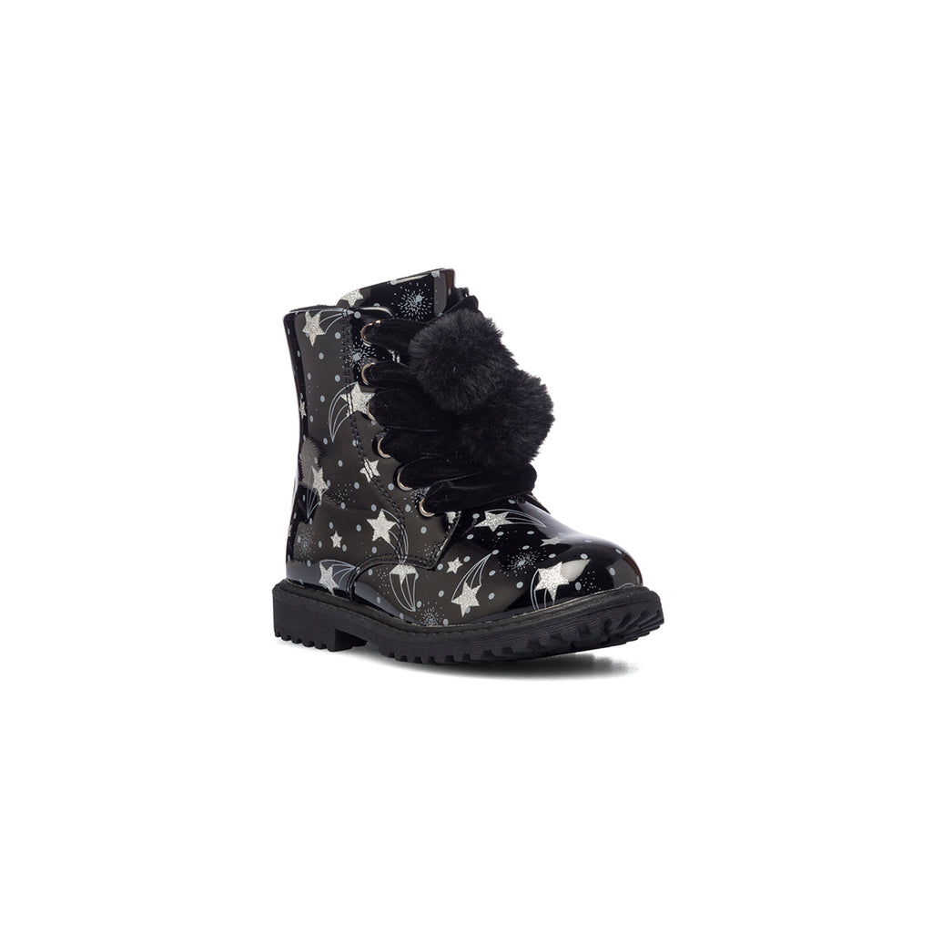 Anfibi neri effetto vernice con pompon Le scarpe di Alice