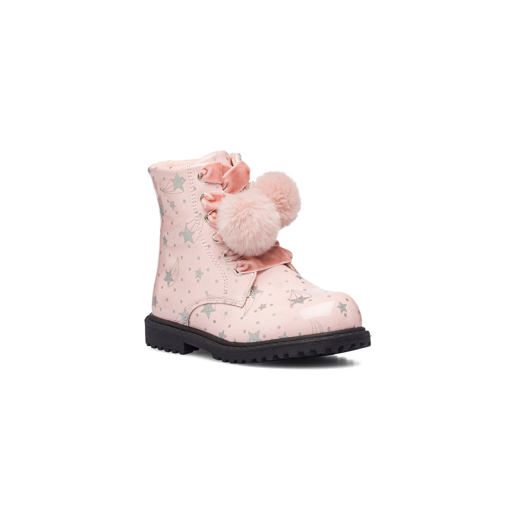 Anfibi rosa effetto vernice con pompon Le scarpe di Alice
