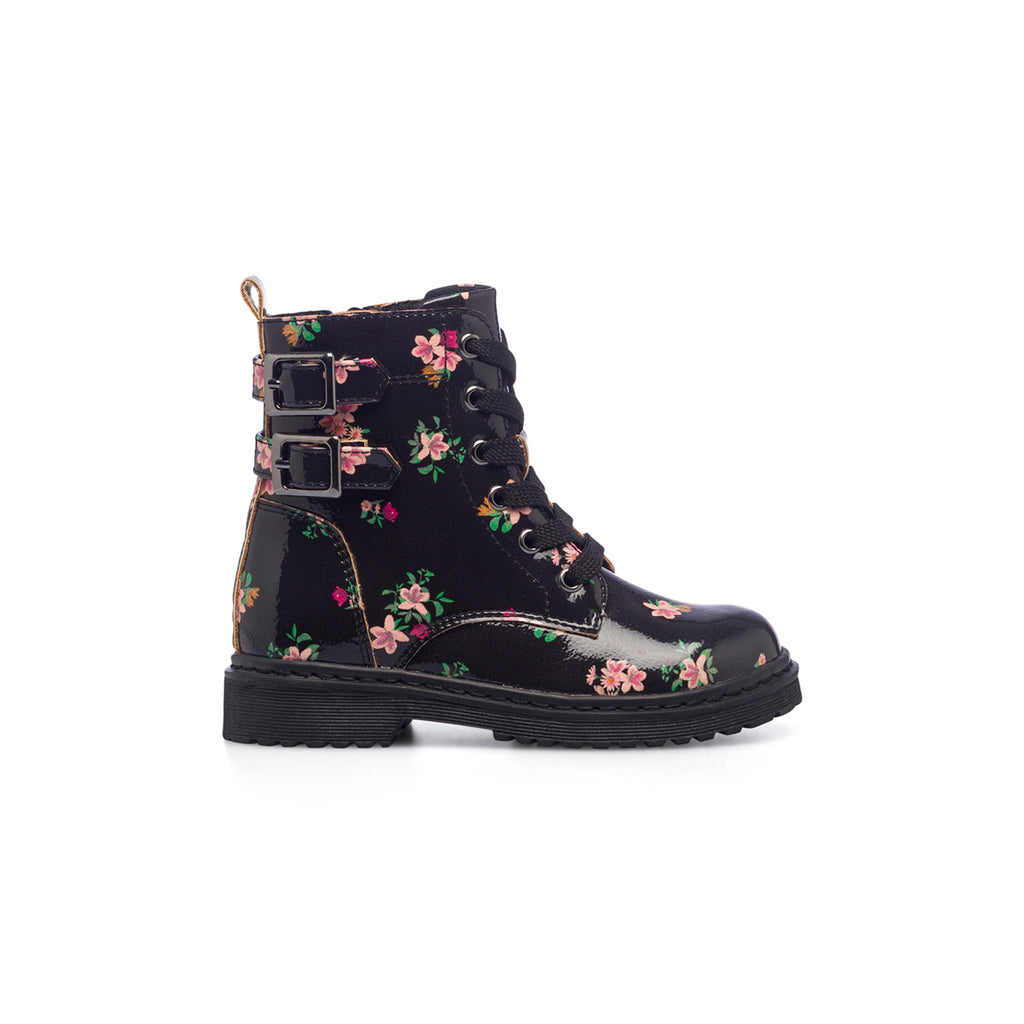 Anfibi neri da bambina con stampa floreale Le scarpe di Alice