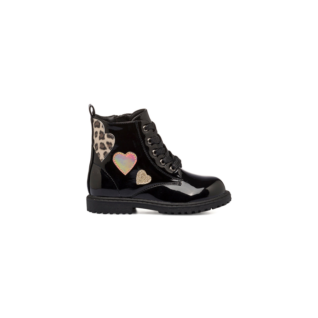 Anfibi neri in vernice da bambina con cuoricini Le scarpe di Alice