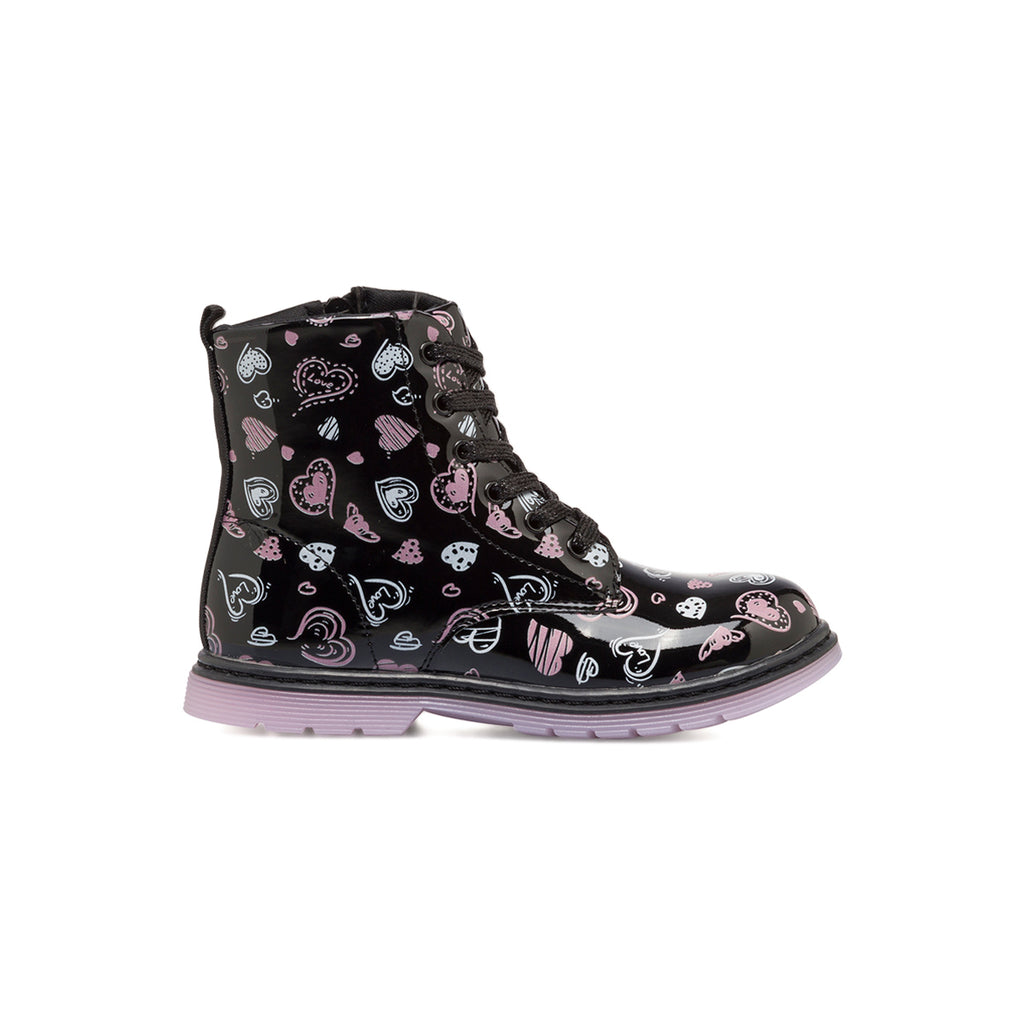 Anfibi neri in vernice da bambina con cuoricini Le scarpe di Alice