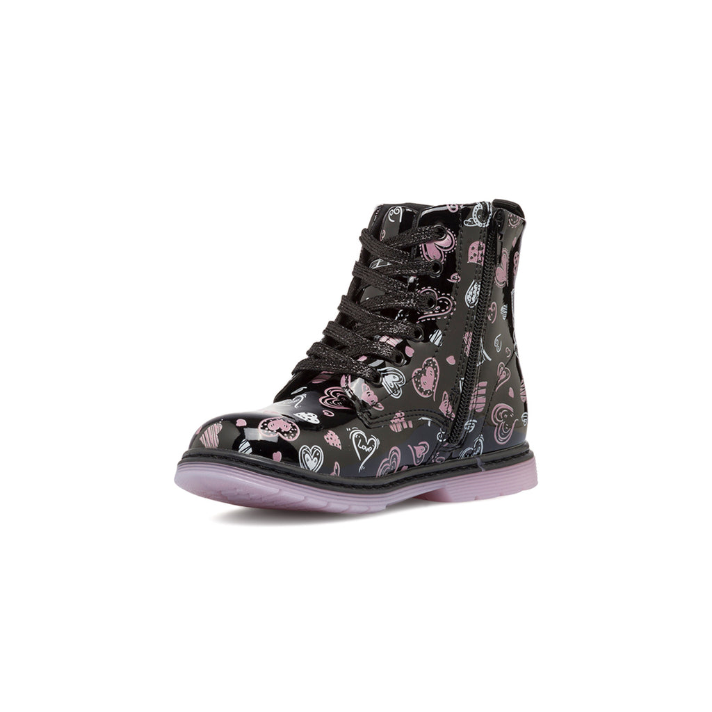 Anfibi neri in vernice da bambina con cuoricini Le scarpe di Alice