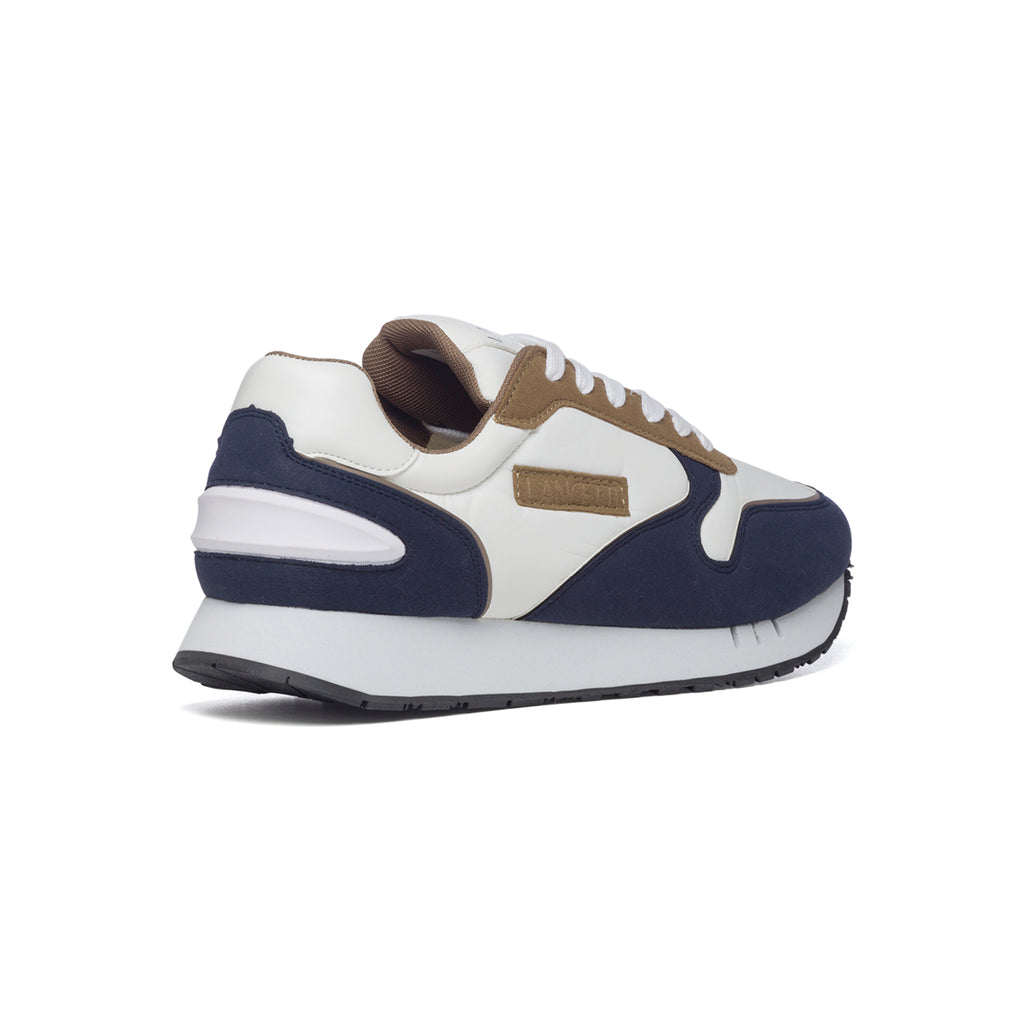 Sneakers bianche e blu con dettagli marroni Lancetti