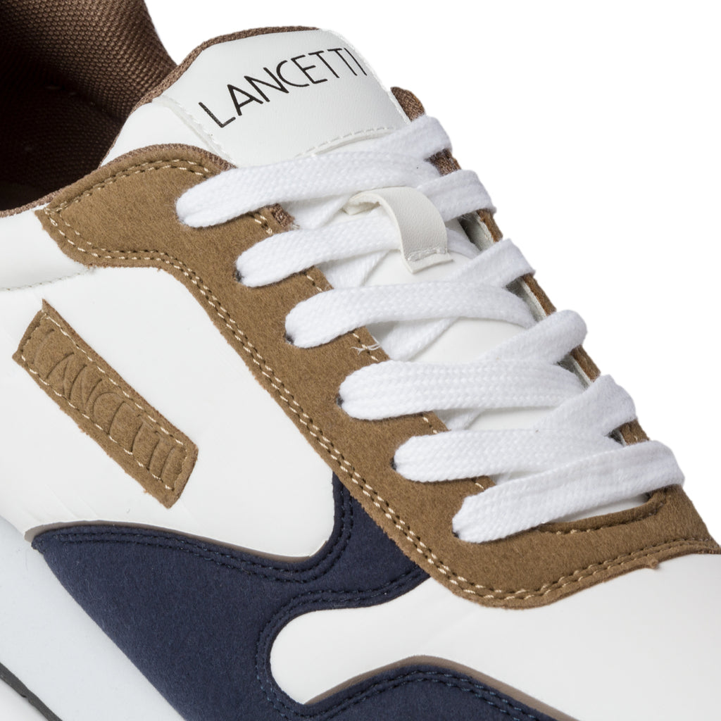 Sneakers bianche e blu con dettagli marroni Lancetti