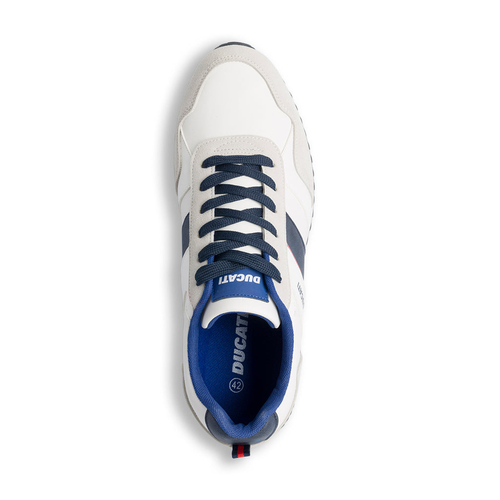 Sneakers bianche da uomo con dettagli blu e logo Ducati