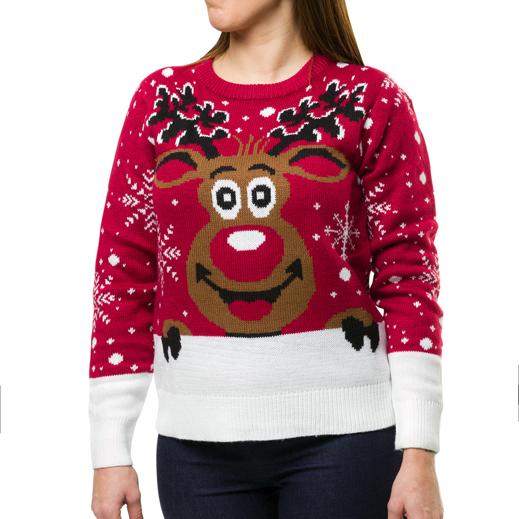Maglione natalizio rosso da donna con ricamo renna