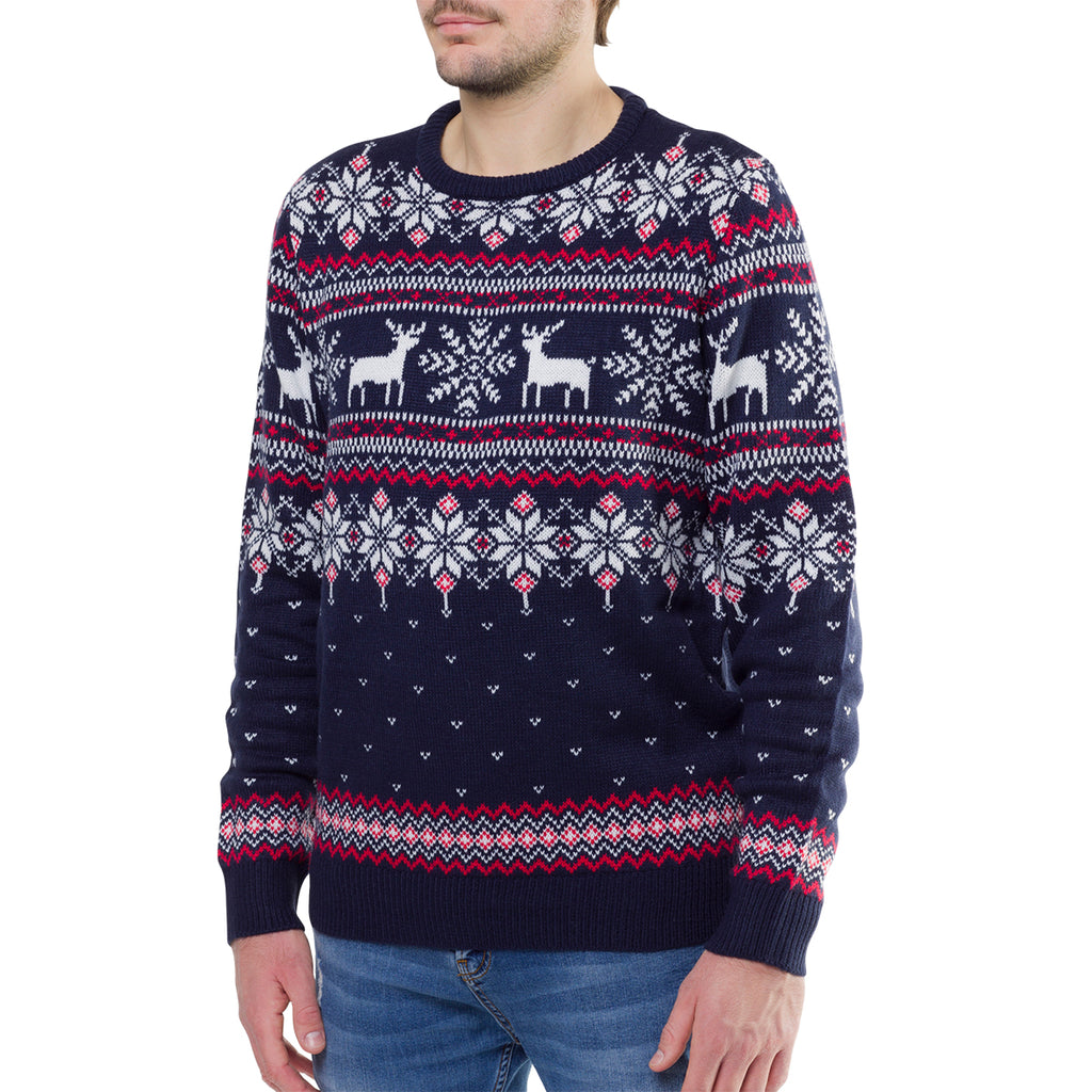 Maglione natalizio blu da uomo con ricamo fiocchi di neve e renne