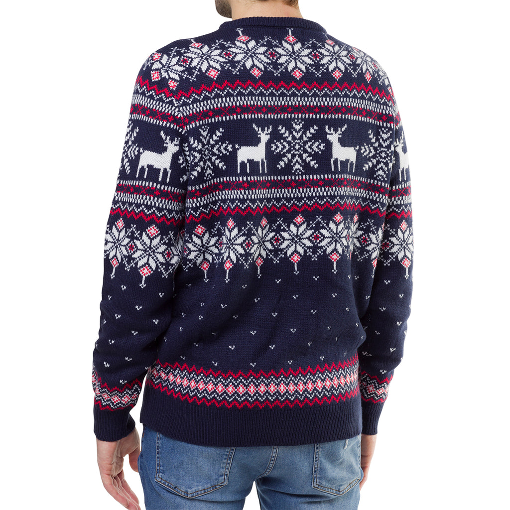 Maglione natalizio blu da uomo con ricamo fiocchi di neve e renne