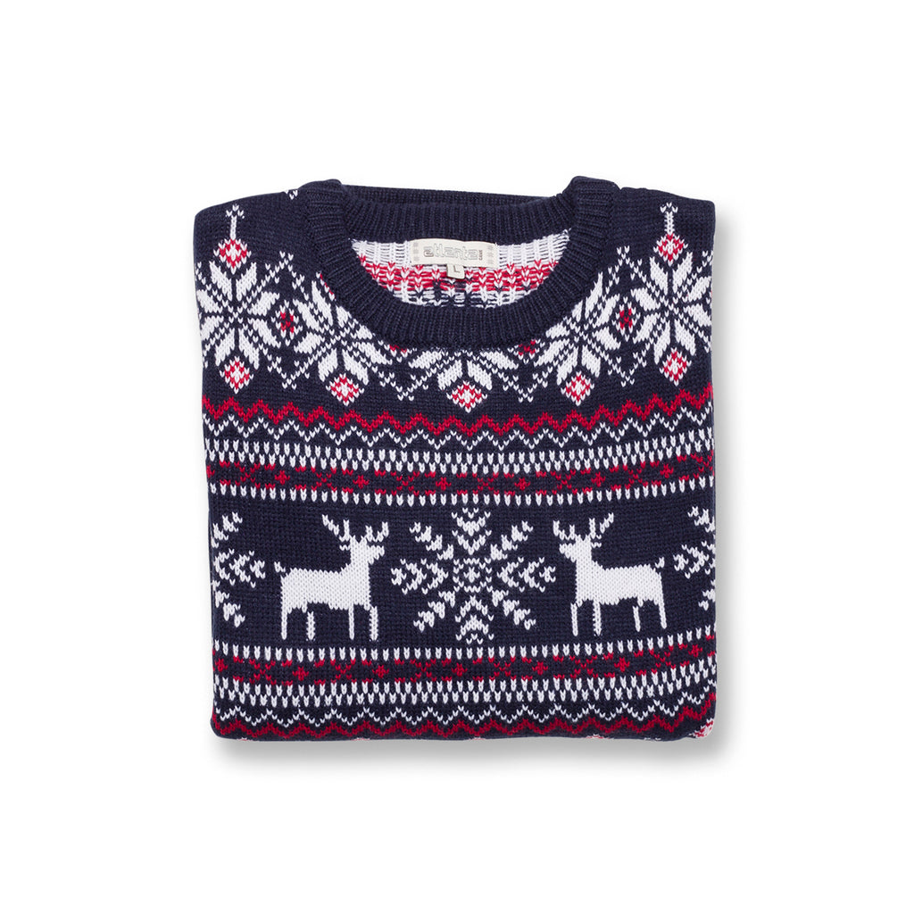 Maglione natalizio blu da uomo con ricamo fiocchi di neve e renne