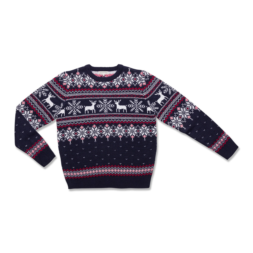 Maglione natalizio blu da uomo con ricamo fiocchi di neve e renne