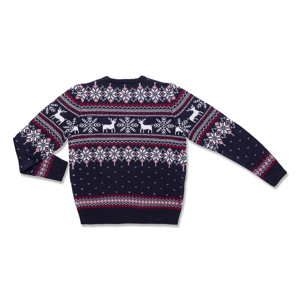 Maglione natalizio blu da uomo con ricamo fiocchi di neve e renne