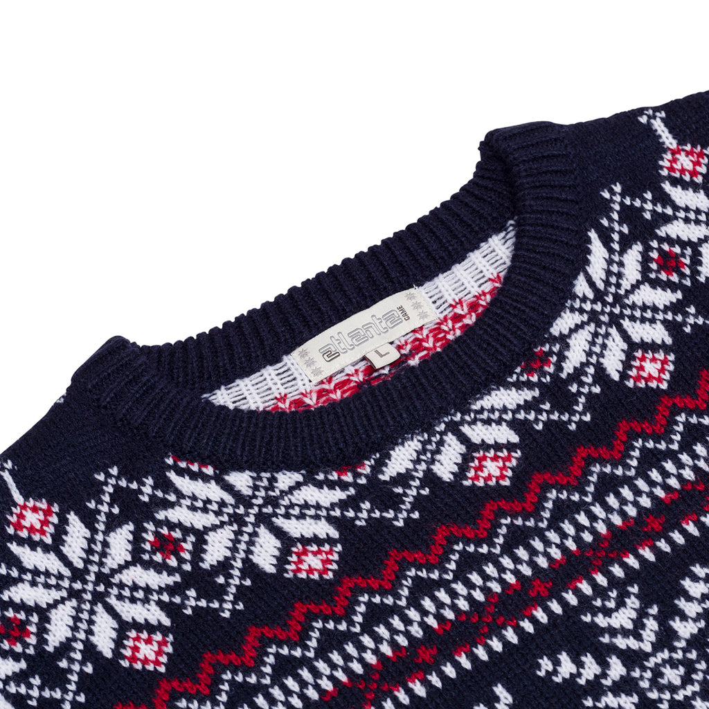 Maglione natalizio blu da uomo con ricamo fiocchi di neve e renne