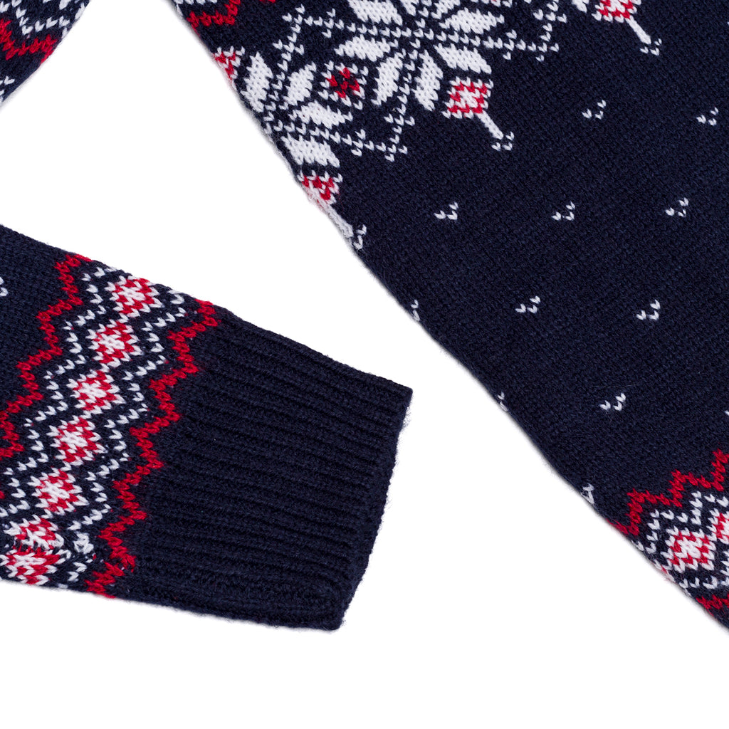 Maglione natalizio blu da uomo con ricamo fiocchi di neve e renne